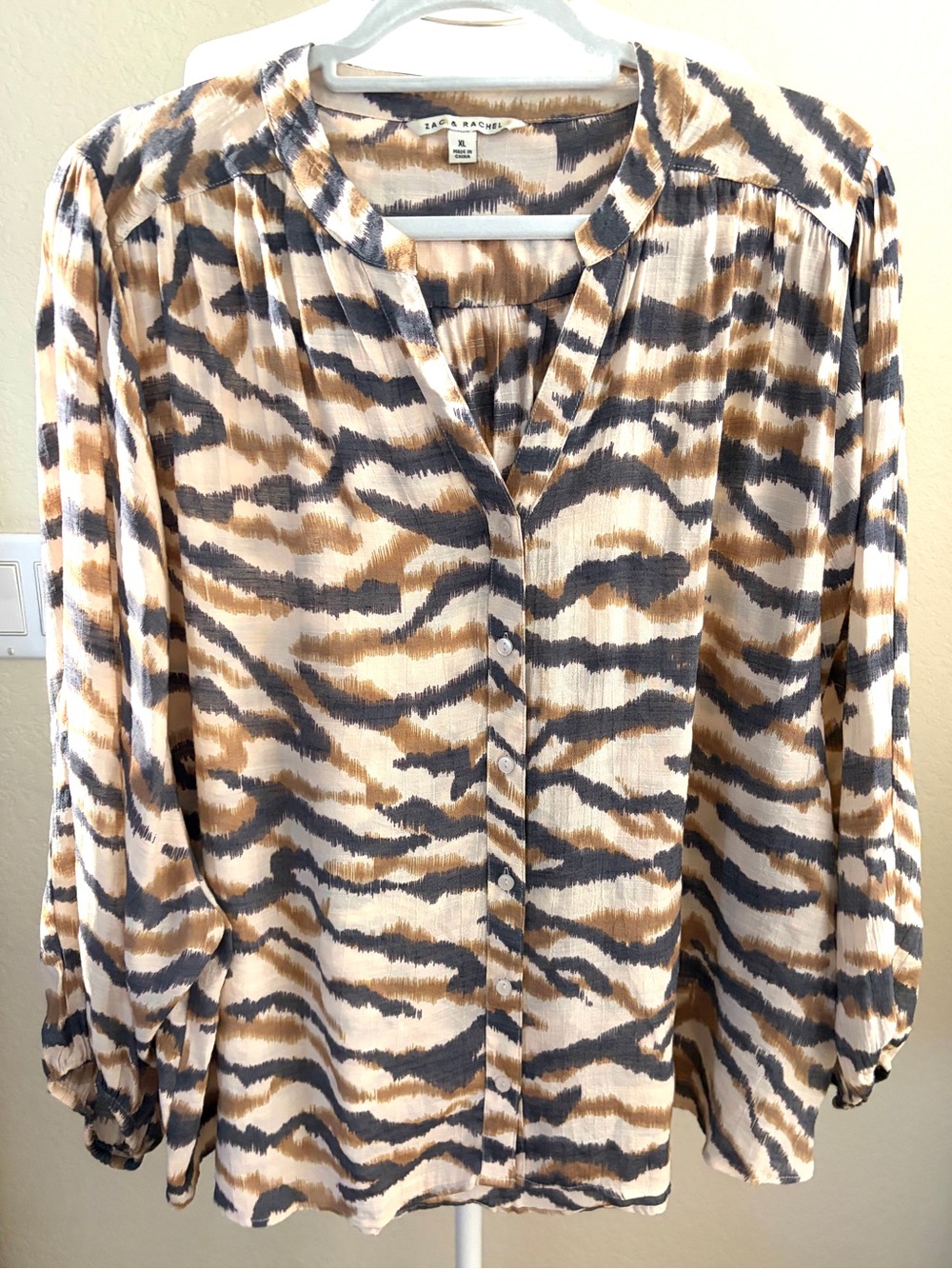 Zac & Rachel Beige, Brown and Black Zebra Printed Button-Front Blouse